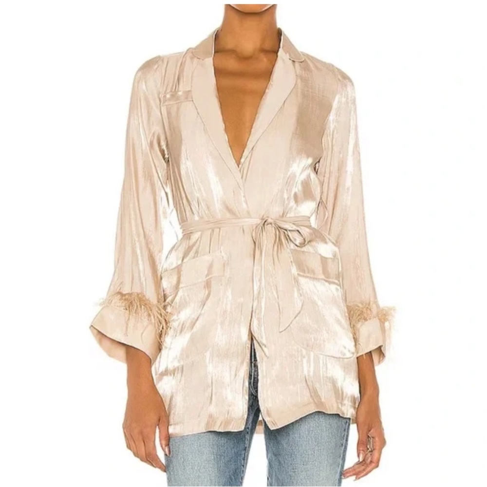 Chic Satin Beige Blazer with Feather Trim